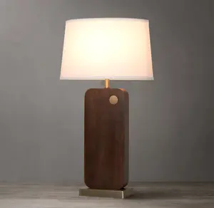 Laurel Table Lamp - Dark Walnut Wood Finish, Weathered Brass, White Linen Shade