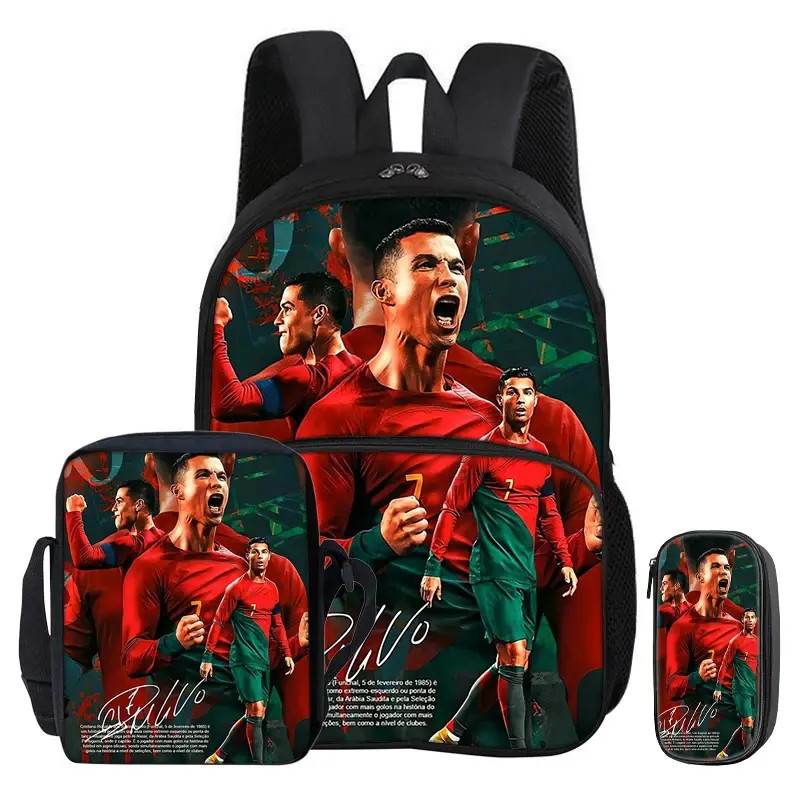 Ronaldo 3Pcs Set with Front Pocket Backpack Football Sport Shoulder Bag CR Football Star Pencil Bag Student School Bags Rucksack