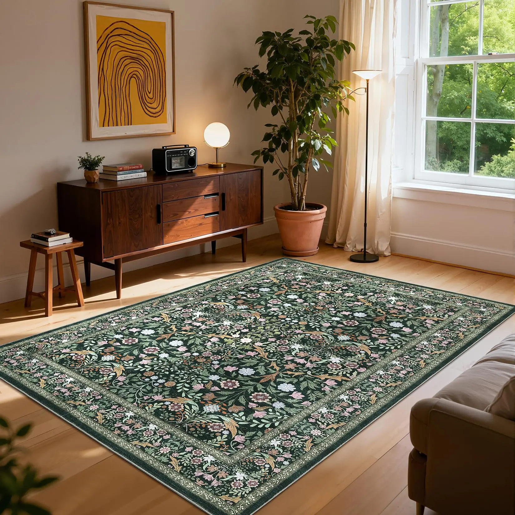 Garvee Floral Rug for Living Room Non Slip, Washable Area Rugs 5x7, Soft Floral Low-Pile Floor Indoor Throw Carpet for Bedroom Dining Room Dorm Playroom Foyer Office (Dark Green)