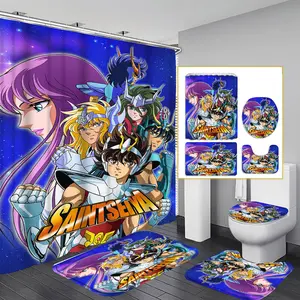 Saint Seiya Pattern Print Colorful Shower Curtain Set, Modern Home Bathroom Art Decor, Includes 12 Hooks, Non-Slip Toilet Mat & U-Shaped Seat Cover, Bathroom Decorations