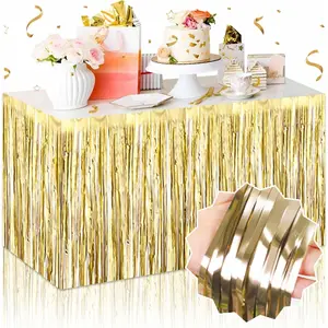 3PCS 275X75cm Light Gold Foil Fringe Table Skirts Metallic Banner for Tinsel Streamer Garland Backdrop for Parade Floats Mother's Day, Graduate, Birthday, Wedding Party Decoration