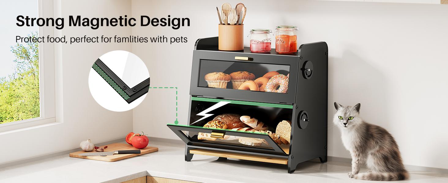 SNTD Bread Box - Kitchen Countertop Bread Storage Container with Bamboo Cutting Board, Adjustable Vent Hole Dials