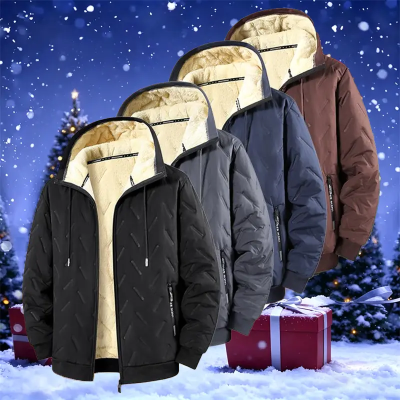 2pcs - Men's Winter Warm Hooded Jacket — Windproof and waterproof, thickened design, fleece lining, featuring printed zippered pockets and a metal drawstring—an ideal choice for outdoor activities in snowy winter weather.