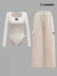 Women's Fall Winter Fashion Casual Fitted Square Neck Slim Fit Jumpsuit with Fleece Lining, Drawstring Wide Leg Pants Set, 2 Piece Womenswear