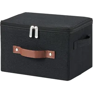 Storage Bins with Zipper Lid Cotton Linen Fabric Lidded Storage Baskets Boxes Foldable Washable Closet Shelf Clothes Organizer Container with PU Leather Handles (Black, Small Size)