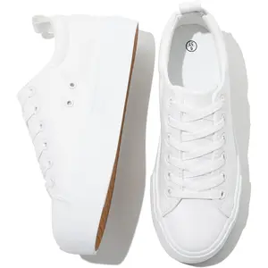 Women's White PU Leather Lace-Up Platform Casual Shoes - Comfortable Walking Shoes with Height Boost for Maternity Use