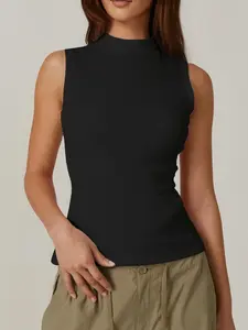 Women's Casual Sporty High Neck Sleeveless Vest, Moisture-Wicking Breathable Knit Underlayer Top, All Season Fitted Design