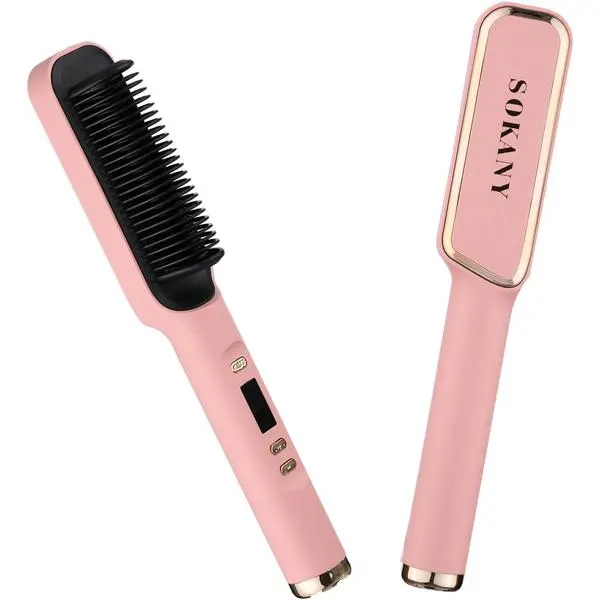 2-in-1 Hair Straightener Brush for Women, Hot Comb with Adjustable Temperature & LCD Display, Anti-Scald Design, PTC Fast Heating in 30s, Auto Shut-Off, Professional Styling Tool (Pink)