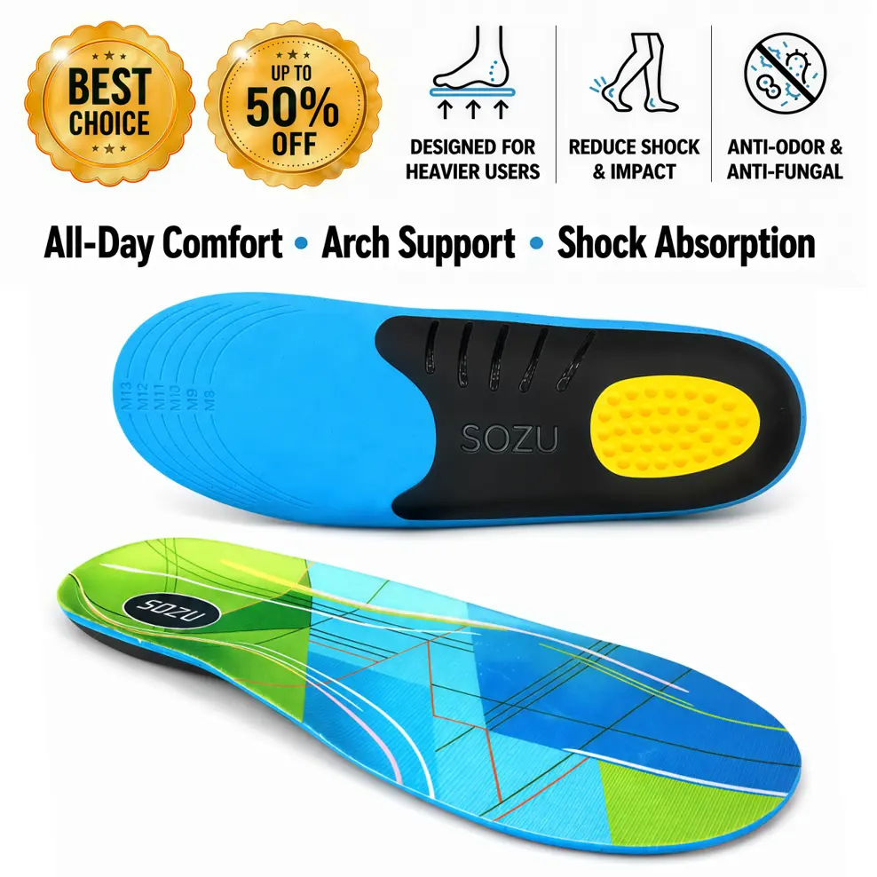Heavy Duty Orthotic Support Insoles for Big & Tall 200lbs+ Wide Ft, Shock-Absorbing, Arch Support, Pressure-Distributing, Trim-to-Fit Inserts for Work Boots & Shoes