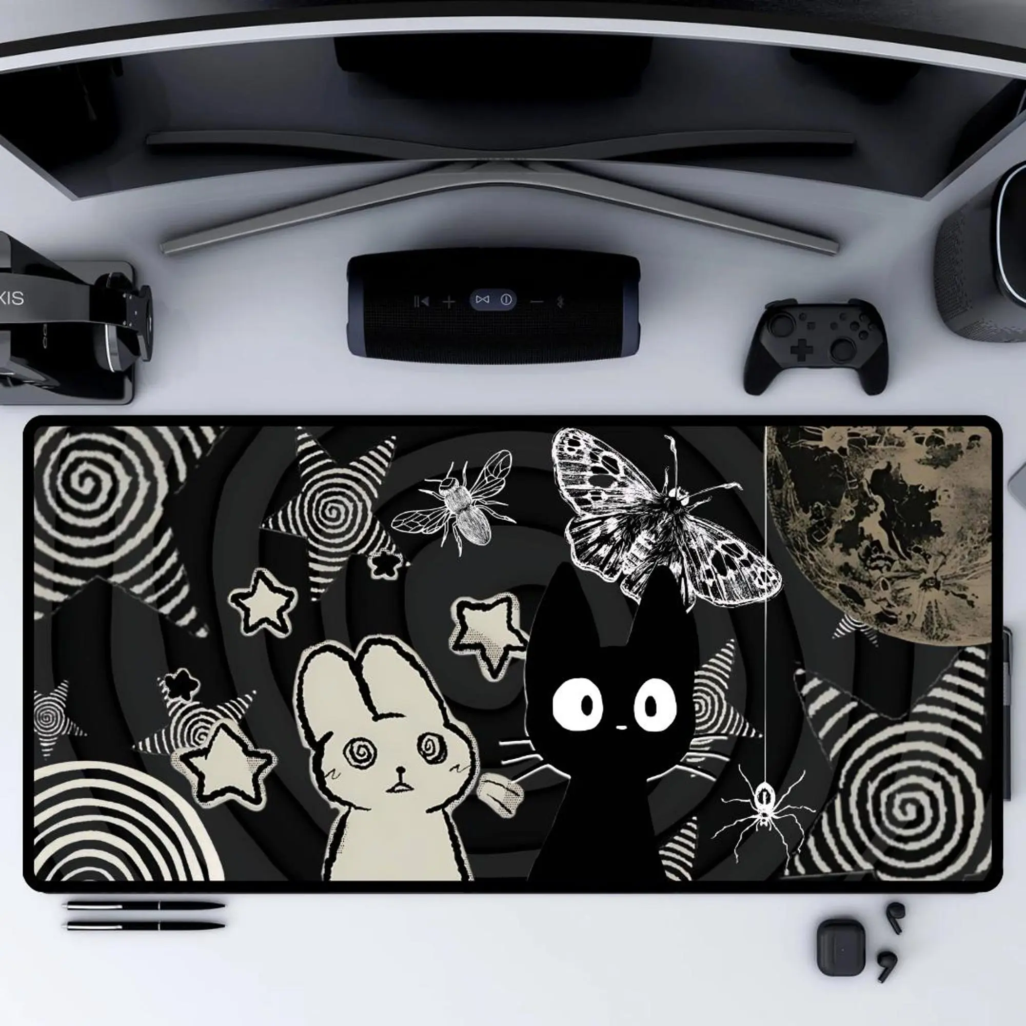 Kawaii Gothic Mouse Pad Creepy Cute Bunny and Cat Desk Mat, Horror Aesthetic Mousepad XL for Gamers Anime Gift Cat Lover Gift Cat Person Pad