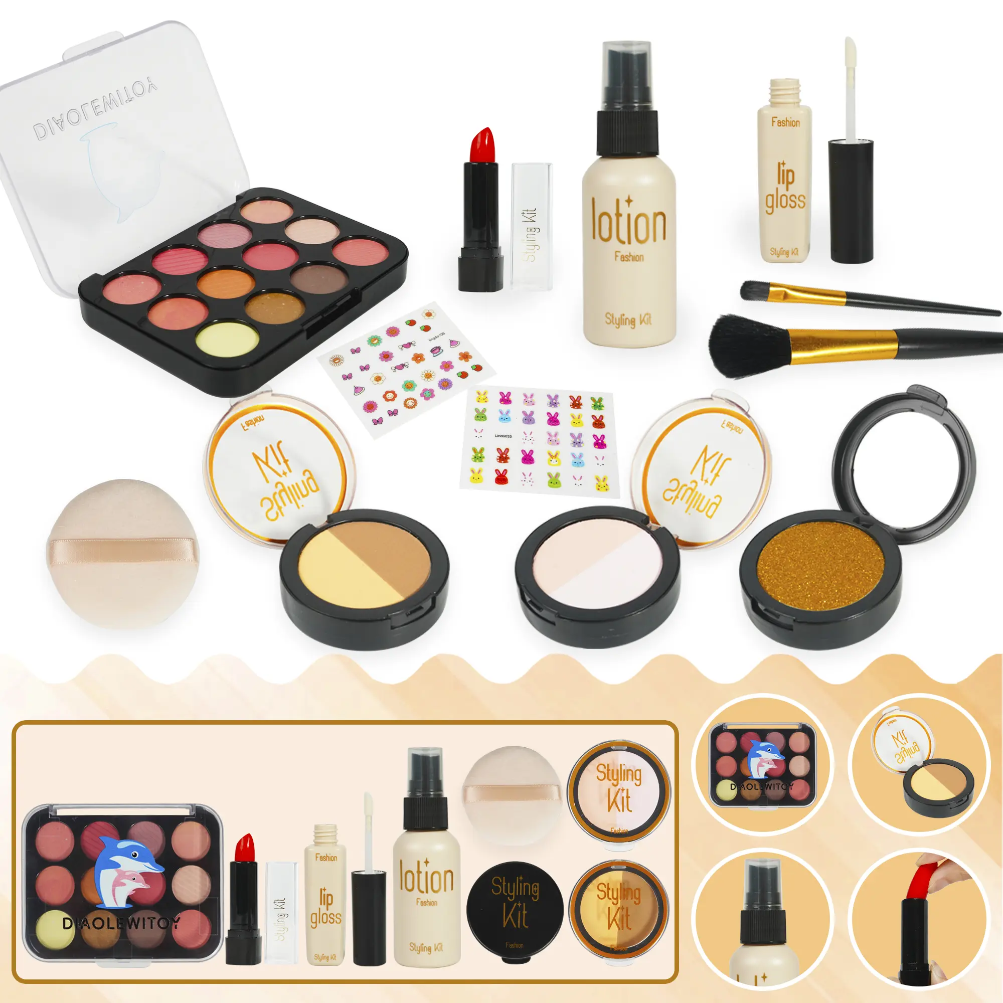 15PCS Complete Pretend Makeup Toy Set for Girls, Includes 12-Color Eyeshadow Palette, Fake Lipstick, Nail Polish & Brushes, Non-Toxic No Real Color Kids Cosmetic Playset