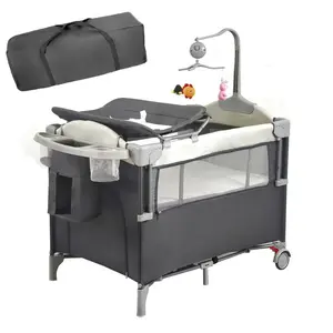Multi-Use Baby Playard Multi-Use Unit - Steel Frame, Lockable Wheels, Music Toy, Foldable Design, Changing Table for Infants