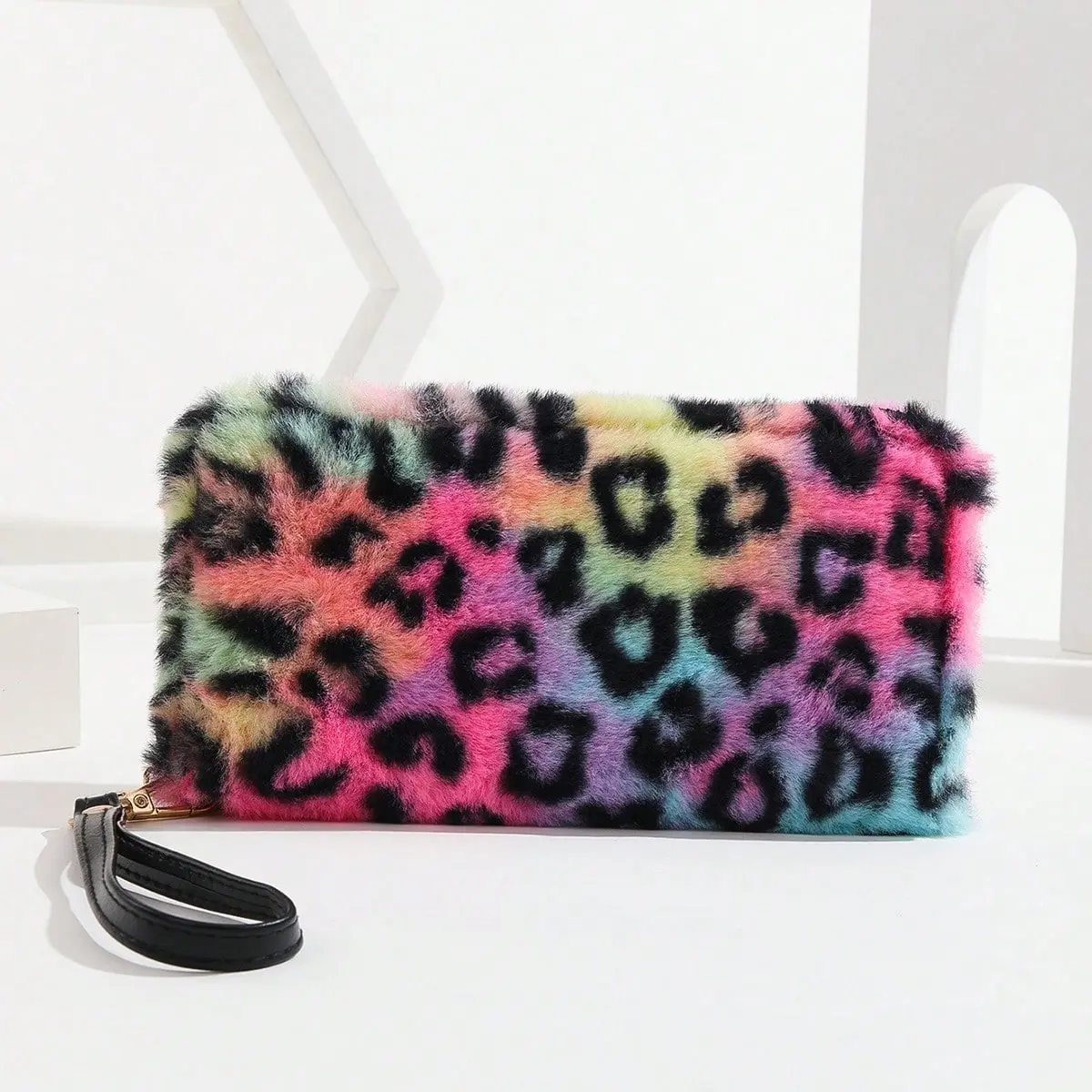Women's Leather Clutch Retro Leopard Print Plush Long Wallet with Wristlet Strap Zippered Holiday Accessory Small Size Colorful Embellished Styles, Fashion Luxe Clutch, Leather Wristlet Pouch