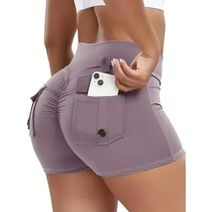 Women's Hip-Lifting Compression Short Work Shorts, with V-Waist and Covered Pockets - 75% Nylon/30% Spandex Workout Gym Yoga Shorts, Breathable Stretch All-Season Sports Shorts with Button Pockets