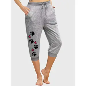 High Waist Geometric-Patterned Polyester Capri Pants - Women's Casual Rib-Knit Three Quarter Length Drawstring - Summer Weekend Wear 95% Polyester 5% Spandex