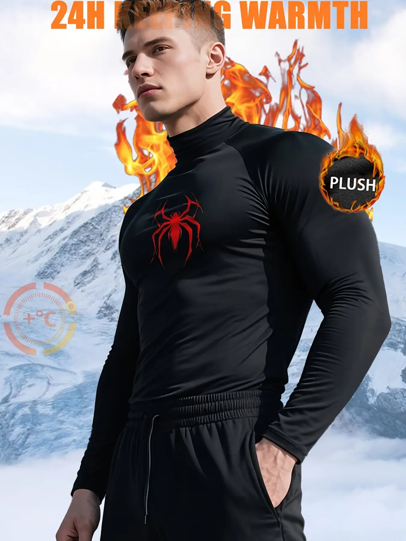 Men's Spider-Man Thermal Compression Shirt, Compression Garment - Warm Fleece Lined Mock Neck Long Sleeve Top, Superhero Print Slim Fit Base Layer, Athletic Undershirt for Winter Outdoor, Skiing, Daily Wear, Gift for Marvel Fans & Gym Enthusiast