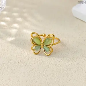 Gold Tone Stainless Steel Open Band Ring, Dainty Butterfly Inlaid Cat Eye Stone Jewelry, Elegant Stackable Finger Accessory for Women, Trendy for Daily Outfit & Holiday Party, Sweet Birthday Present for Her