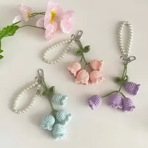 Handmade Crochet Tulip Keychain With Pearl Chain, Cute Floral Bag Charm, Pastel Wool Yarn Blossoms Stylish Accessory