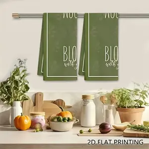 2Pcs "Bloom With Grace" Floral Quote Dishcloth, Elegant Green Botanical Cleaning Cloth, Inspirational Reusable Kitchen Towel