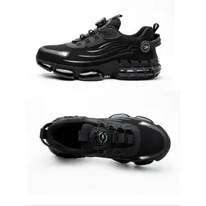 Men's Casual Lace Up Low Top Safety Shoes, Fashionable Breathable Comfortable Patched Rotating Automatic Buckle Design Work Shoes for Daily Wear, Perfect for Students and Outdoor Sports, Fall Shoes Closed Boy