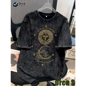 Personalized Short-Sleeved Top Featuring a Sun-Warming Safe Star Design, from The Orca Fashion Brand. This Casual, Vintage-Style Round-Neck T-Shirt Made of Washed Is Perfect for Holidays, Street Outings, Leisure Activities, Sports, Gifts, And More