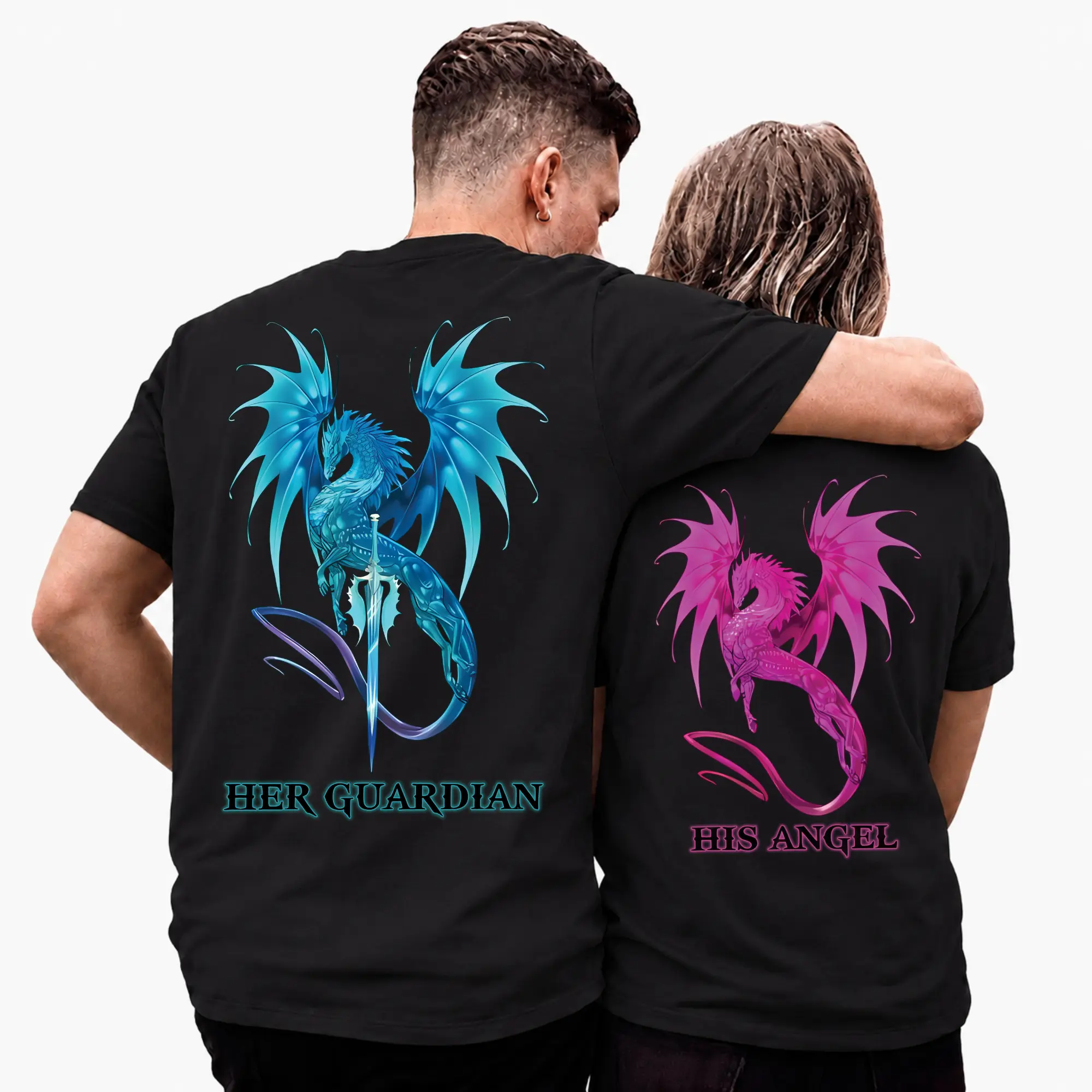 Mythical Dragon Couple Her Guardian His Angel Matching Couple Apparel, Graphic T-Shirt Sweatshirt Hoodie for Women and Men, Perfect Gift, Cotton Unisex
