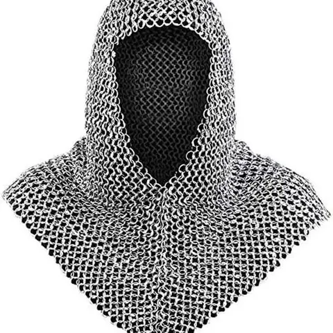 Men's Medieval Warrior Butted Patterned Rings Chainmail Coif Armor Hood - 18.75in Rust-Proof Zinc Plated 8 AWG Carbon Steel, Shiny, Interlocked Links, Face Opening, Knife/Sword Buffer, Costume for Parties, Roleplay Accessories, Renaissance Cosplay
