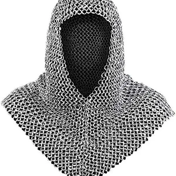 Men's Medieval Warrior Butted Patterned Rings Chainmail Coif Armor Hood - 18.75in Rust-Proof Zinc Plated 8 AWG Carbon Steel, Shiny, Interlocked Links, Face Opening, Knife/Sword Buffer, Costume for Parties, Roleplay Accessories, Renaissance Cosplay