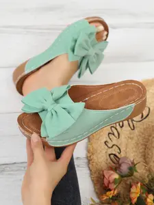 Women's Bow Height Increasing Lightweight Thick Sole Sandals, Soft Beach Party Vacation Fashion Elegant Wedding Casual Outdoor Shoes, Classy Elevated Sandals