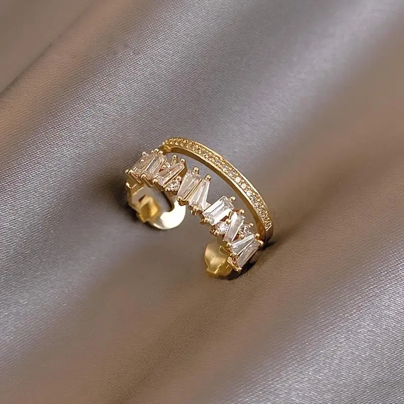 Double Layer Cluster Ring - Light Luxury Micro-Set Cubic Zirconia, Crystal Layered, Decorative Gold, Elegant for Fashionable Temperament, Cluster Rings, Cubic Zirconia Rings