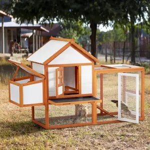 Portable Large Weatherproof Chicken Coop, Wooden Hen House & Bunny Hutch with Ramp Run, Nesting Box & Removable Tray, Orange Indoor Outdoor Cage for Backyard & Garden
