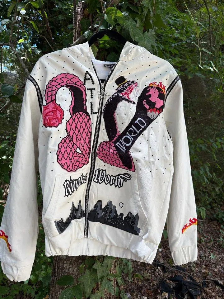 Rippherworld White Denim Acid Washed Jacket with Unzippable Arm Sleeves & Unique Artwork Design Fashion Womenswear Coats