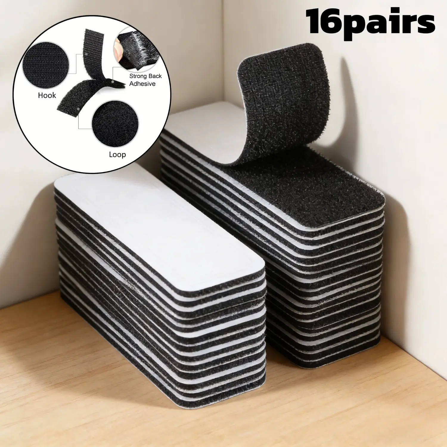 16pairs self-adhesive hook and loop strips with heavy-duty mounting tape, Strong bond, suitable for home or office use, an alternative to punching holes and screws, home organization, hole repair, reusable hooks, durable fasteners