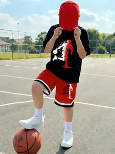 Boys' Summer Basketball Sports Set, Stylish Short Sleeve and Shorts Two-Piece, Casual Fitted All-Over Print Suit for All Seasons, Sports Clothing Set