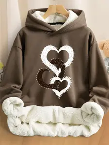 Women's heart-print hoodie with a warm faux fur lining, Cute Cozy Sweatshirt, casual, fitted, long sleeve, unisex, perfect for autumn and winter wear, sweatshirts