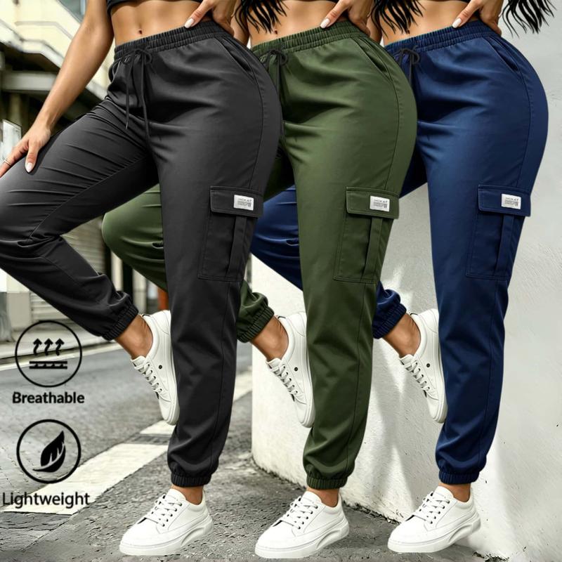 Women's High-Waist Cut Lightweight Cargo Pants - Elastic Drawstring Waist, Utility Travel Pockets, Elastic Fit, Active Stylish Soft Bottoms for Daily Workouts, Casual Wear