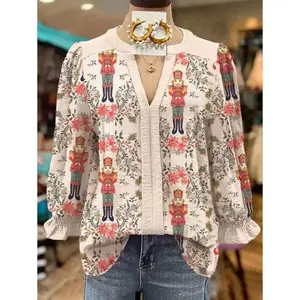 Nutcracker Print V-Neck Blouse ?C Festive Colorblock Shirt With Holiday Toy Soldier Pattern & Floral Accents Womenswear Tops length sleeve