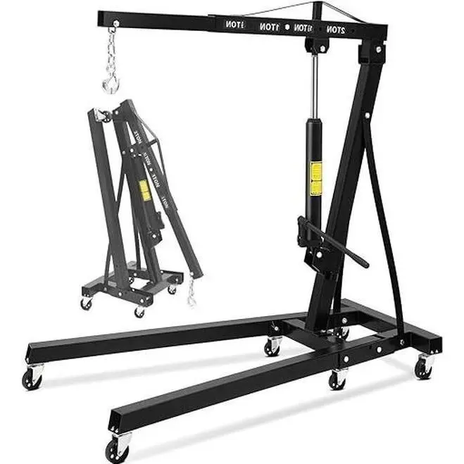 2 Ton Folding Hydraulic Engine Hoist, 4400 LBS Cherry Picker Shop Crane with Telescopic Boom & 6 Casters,  for Garage Workshop Warehouse,Black