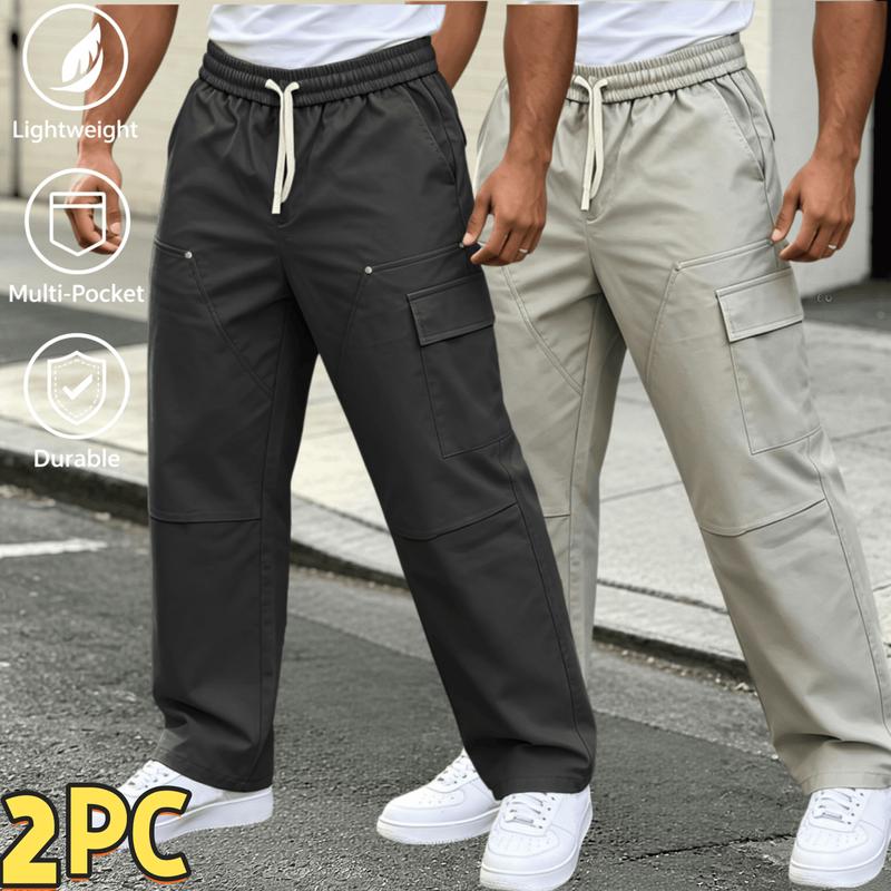 2 Pack Regular Size Men’s Loose Wide Leg Cargo Pants, Lightweight Durable Multi Pocket Casual Trousers with Drawstring Elastic Waist, Daily Streetwear Utility Straight Leg Pants,Comfy Elastic Waist Drawstring Pants,athleisure wear Menswear Stylish
