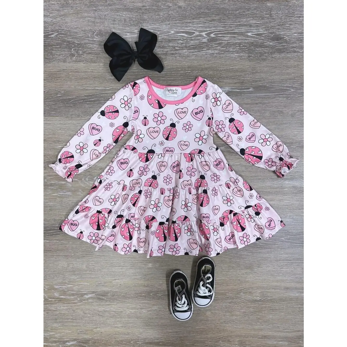 Love Bug Ladybug Pink Floral Ruffle Trim Valentine's Day Girls or Toddler Long Sleeve Dress