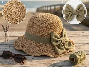 Women's Solid Color Cute Bow Design Wide Brim Straw Hat, Casual Trendy Foldable Sun Hat for Beach, Fashion Accessories for Women & Girls Funny Hat French Sun Hat