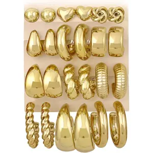 12 Pairs Chunky Gold Hoop Earrings for Women Trendy, Gold Plated Lightweight Hypoallergenic Stack, Thick Open Twisted Huggie Hoops Earring Set