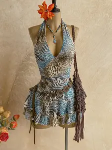 Women’s Vintage Zebra Tie Dye Mesh Ruched Dress – Romantic V-Neck Tie-Up Mini Vacation Dress. tie dye mesh dress women, ruched bodycon dress women, vintage summer dress women, v neck mini dress women
