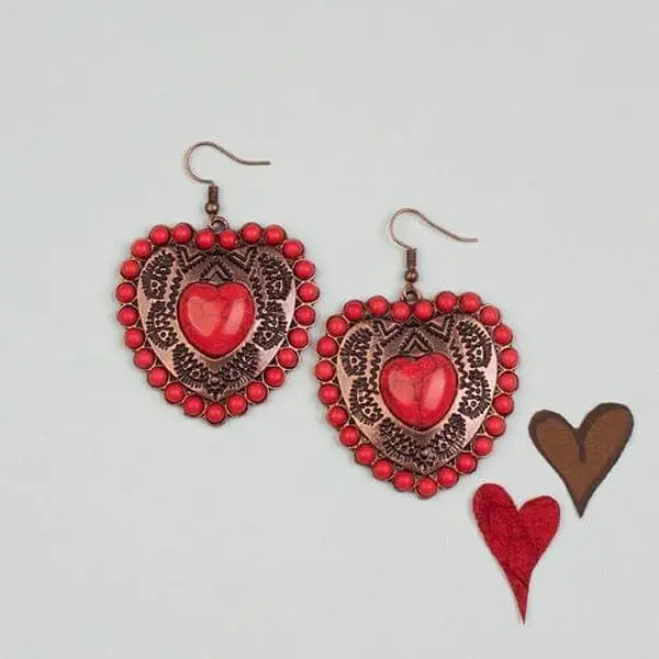 Red aztec heart earrings