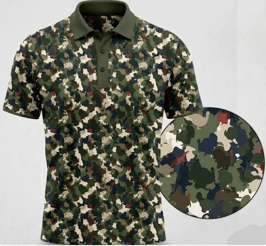 Men’s Turkey Hunting Camouflage Polo, Camo Pattern Shirt for Golf, Hunting and Casual Outdoor Wear