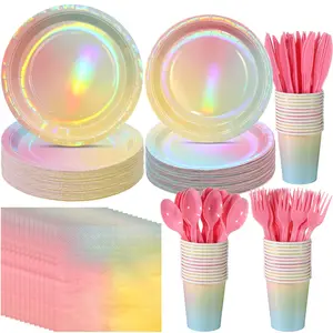Iridescent Rainbow Party Tableware Set Serve 25 Holographic Pastel Plates Cups Napkins for Birthday Wedding Shower