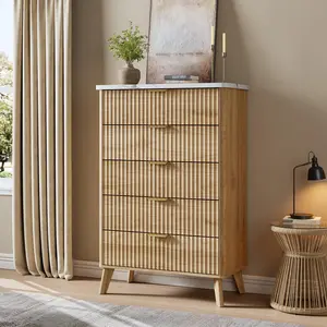Garvee Fluted Wooden Dresser with 5 Deep Drawers, 47.2 in Tall Chest Featuring Faux Marble Top and Curved Profile Design, Ideal for Bedroom, Living Room, Hallway, Natural Oak Finish