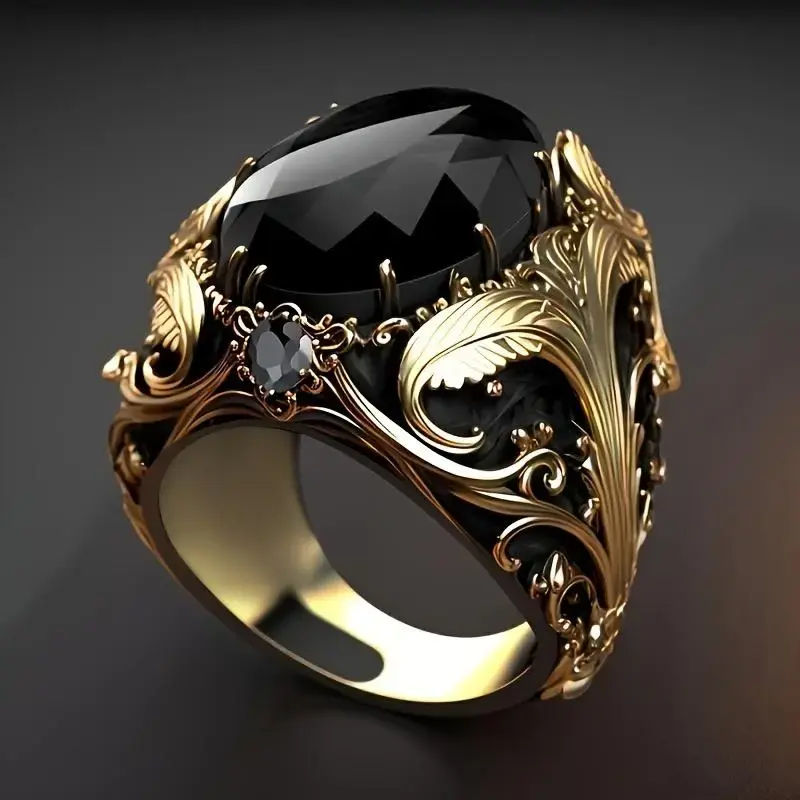 September Laurel Vintage Men's Ring with Black Oval Artificial Gemstones, Copper Craft, Retro Gold Finish, Casual Daily Wear Ring, Perfect Gift for Men and Women