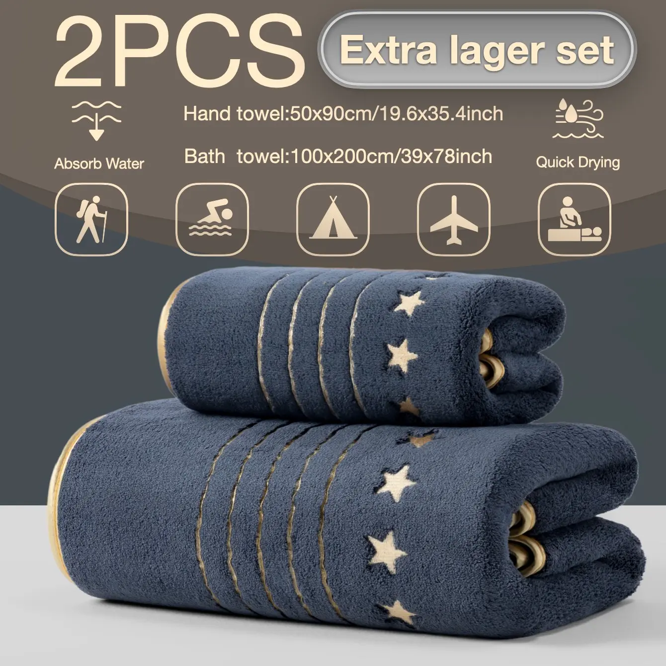 2pcs Giant Bath Towels 100x200cm + 50x90cm, Premium Towel Set, Gold Trim Embroidery, Luxury Stripe, Quick Dry, Super Absorbent, Microfiber, Soft, Travel Beach Camping, Quick Drying Towel, Towel Sets For Bathroom