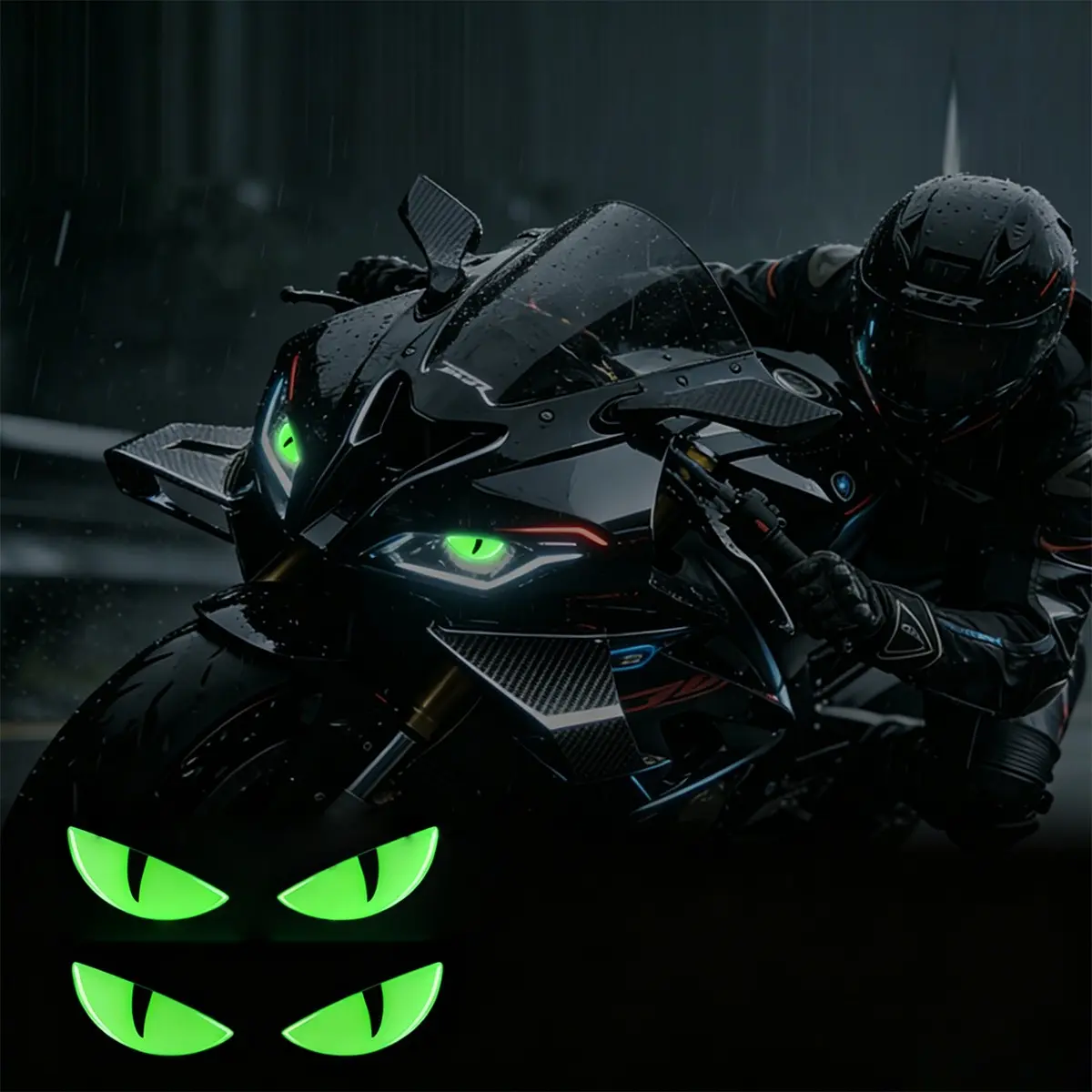 4pc Luminous 3D Motorcycle Devil's Eye Stickers, Night Glow Reflective Cat's Eyes Decal, Motorcycle Decorative Accessories for Motorbike Auto Car, Motorcycle Decoration